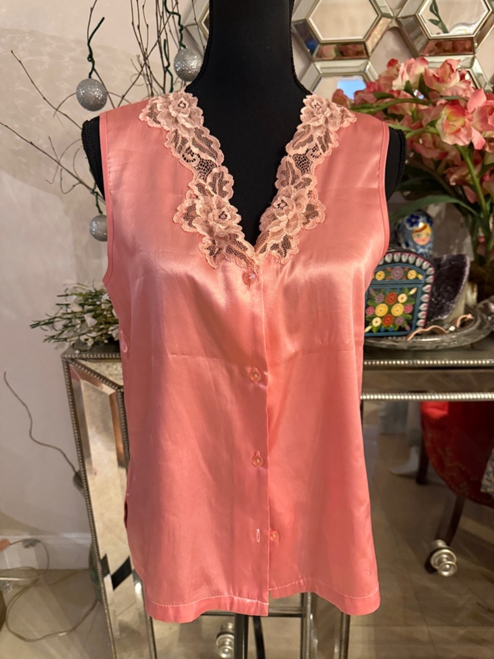 Halston Heritage Coral Satin Sleeveless Shell M